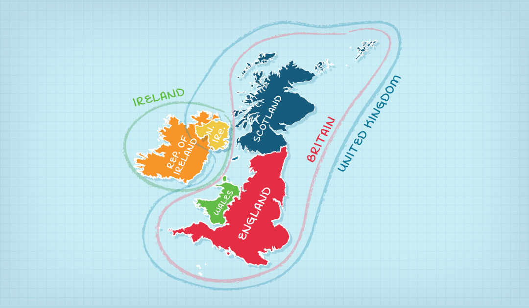 Karte zur Unterscheidung zwischen dem Vereinigten Königreich, der Insel (Britain) und den Britischen Inseln