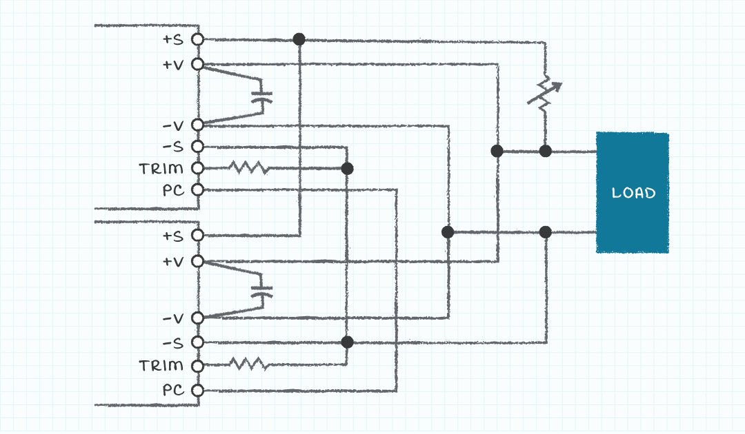 Application circuit showing output voltage trim, parallel outputs, and sense lines