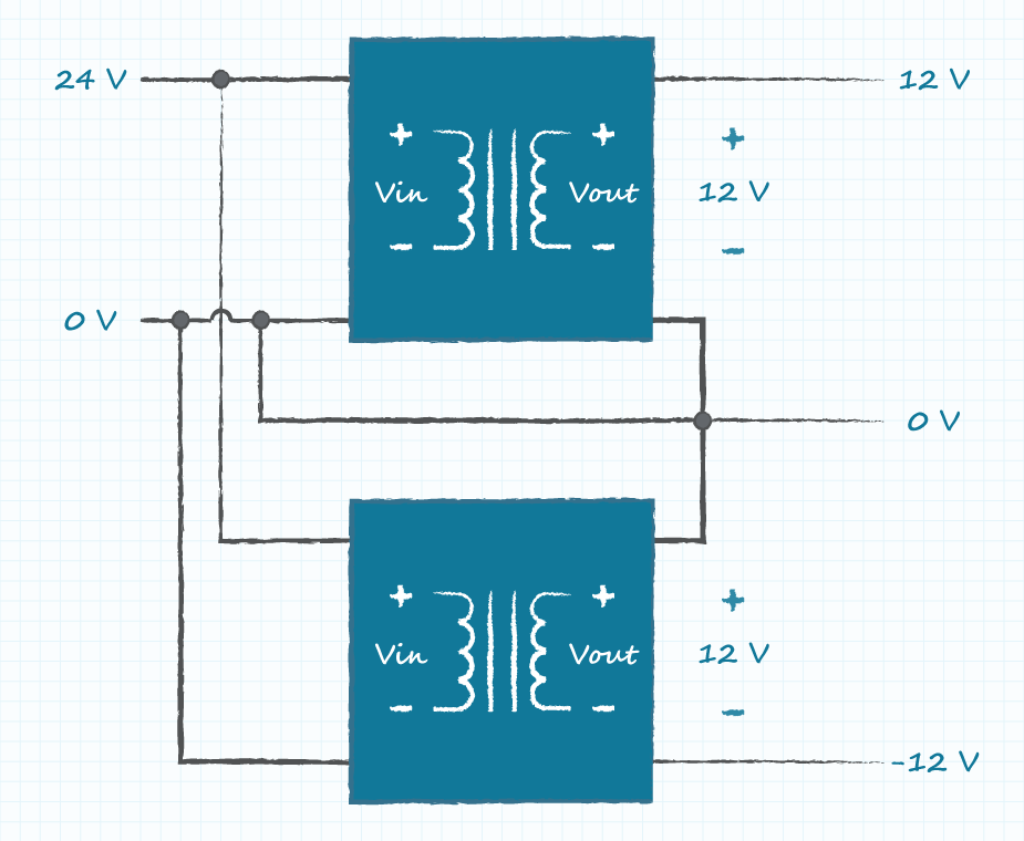 diagram of a circuit with positive and negative rails